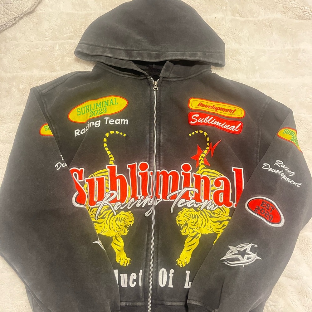 Pacsun Subliminal Racing Team Black Zip-Up Hoodie  with Yellow Tiger Graphics